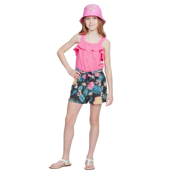 NWT Justice Girls Ruffle Hawaii Pink Orange Black Beach Romper Sz L 12/14 - Picture 3 of 9